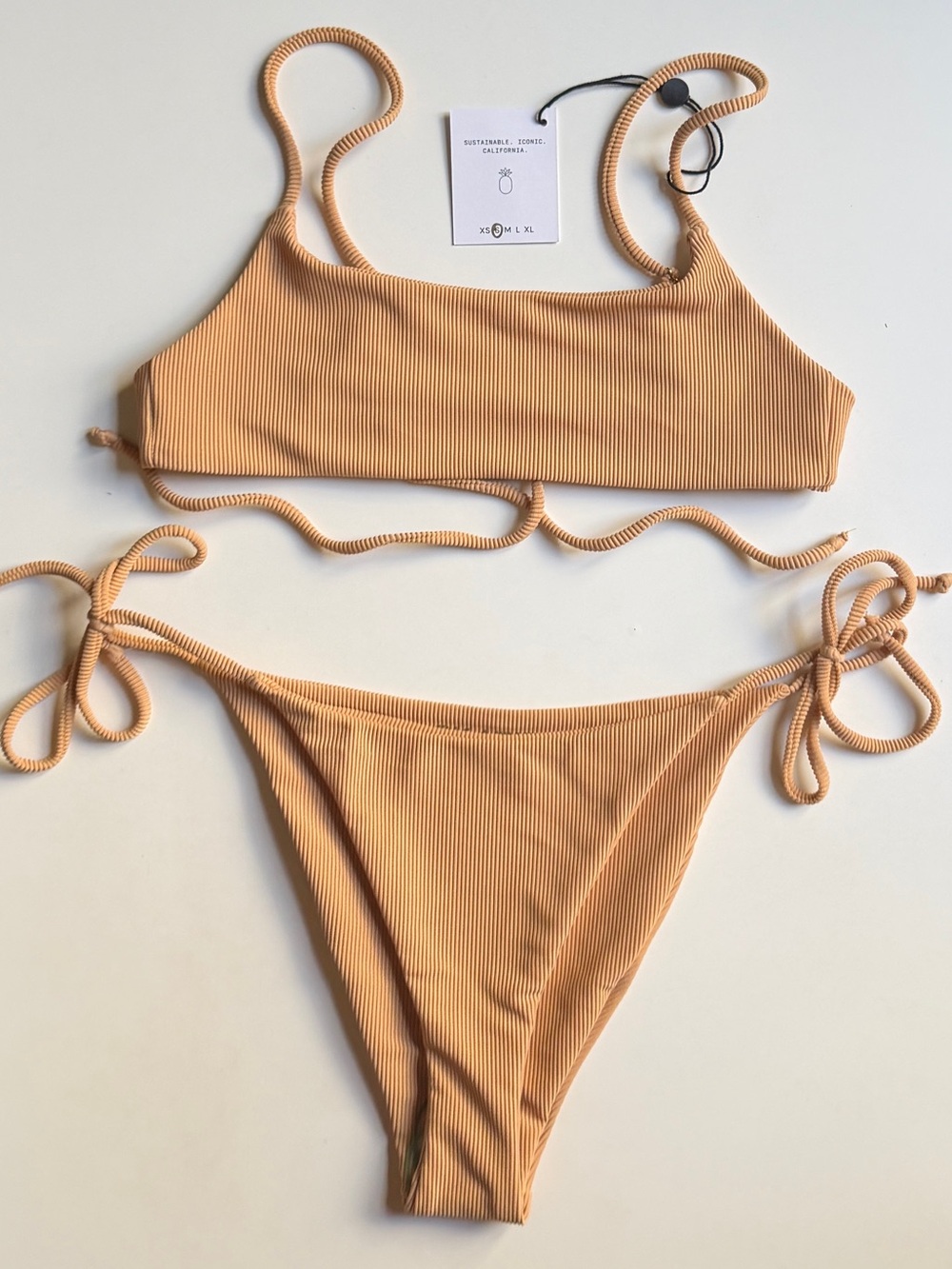 SKATIE Swim Bikini Set Maddie Top+Vera Bottom Ribbed Tie Cheeky Camel Tan BeigeS